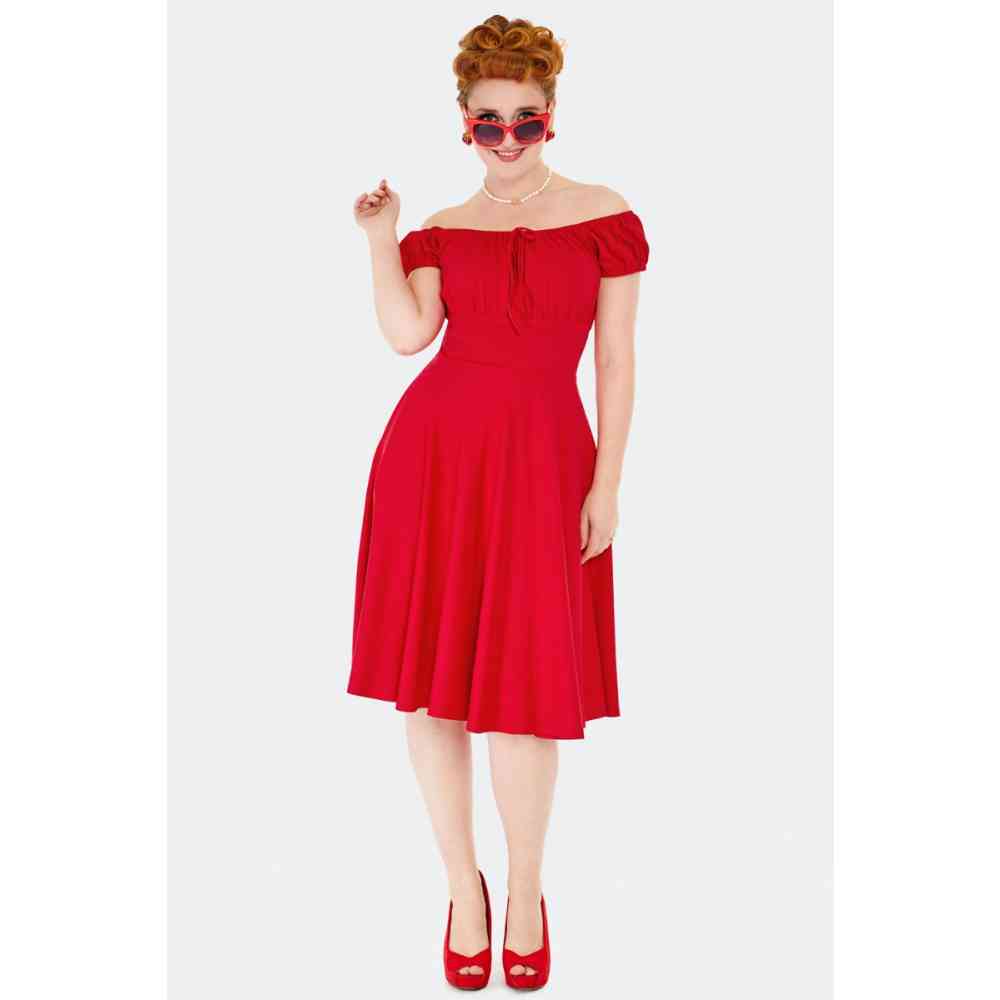 Voodoo Vixen - Gathered Neckline Flare jurk - Rood